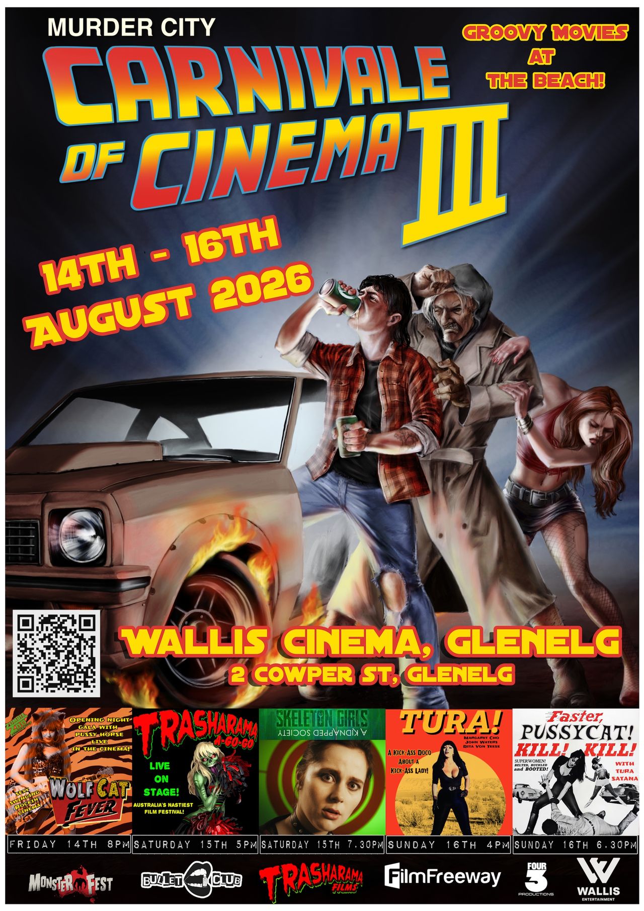 Murder City Carnivale poster featuring film screenings like Trasharama A-Go-Go, Wolf Cat Fever, and Faster, Pussycat! Kill! Kill! film festival.